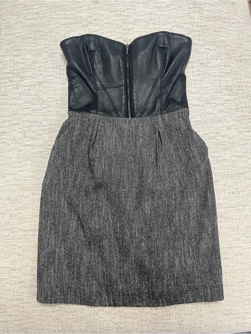 Bebe Strapless Two-Tone Leather & Herringbone Dress with pockets
